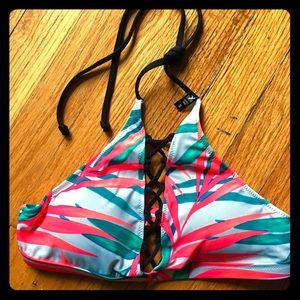 PINK Black Floral Lace Up High/neck bikini top